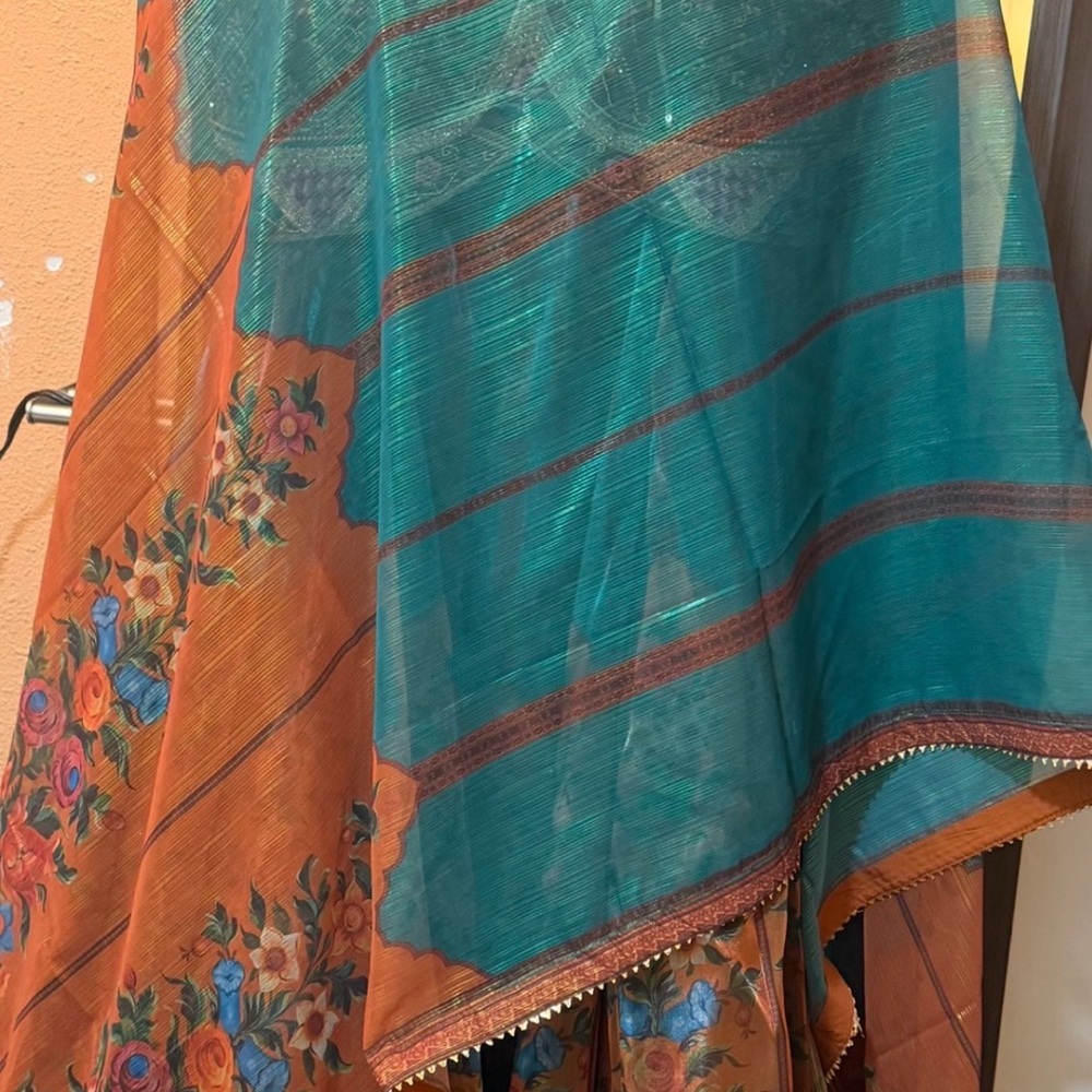 Teal and Orange Floral Patterned Sari